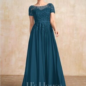 JJ House Ink Blue A-line Illusion Scoop Floor-Length Lace Chiffon Dress